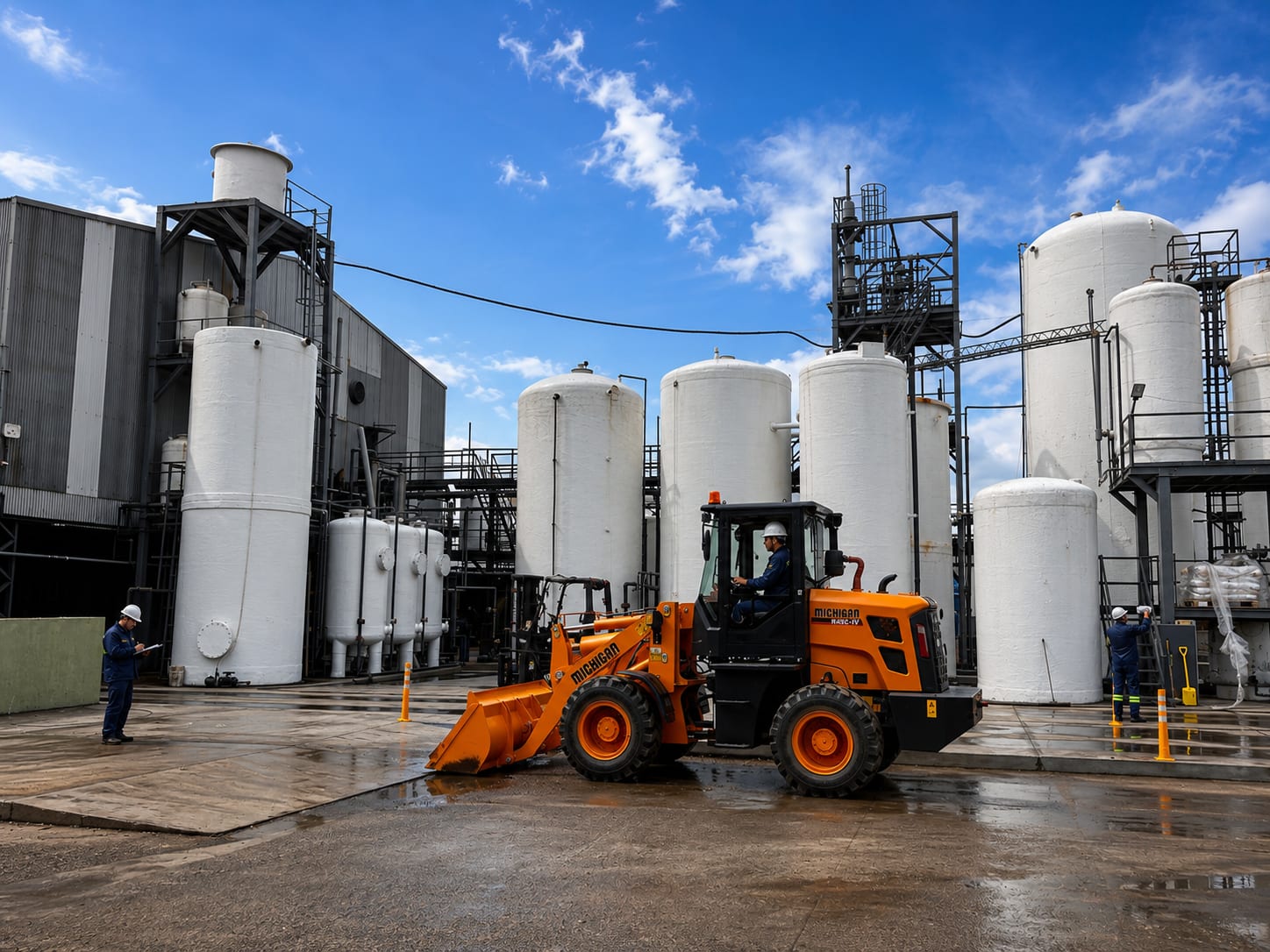 Planta industrial de Transquim con tanques de proceso y una pala cargadora operando en el predio